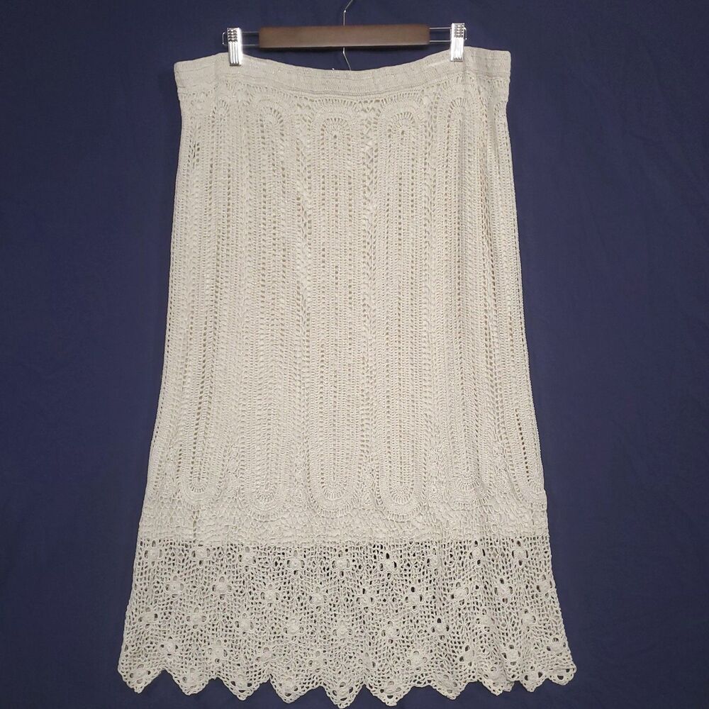 Damee Crocheted Ivory Midi Skirt Bohemian Style w/Elastic Waist Size 3X Lined